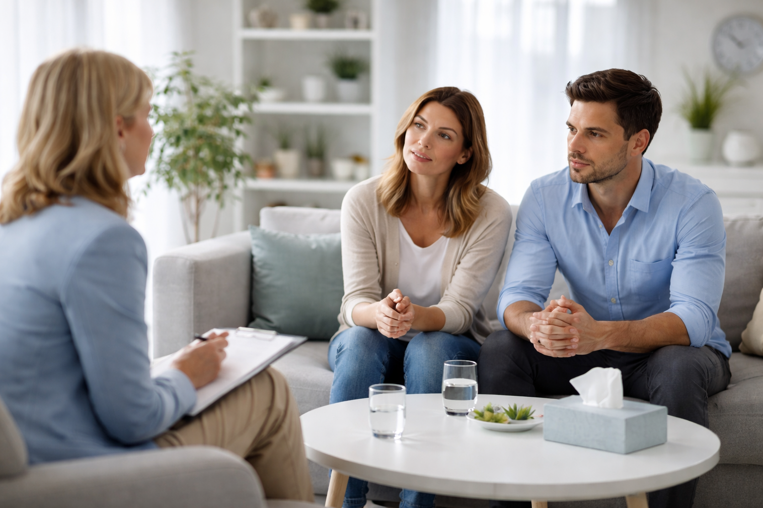 Two people sitting at a table having a calm discussion